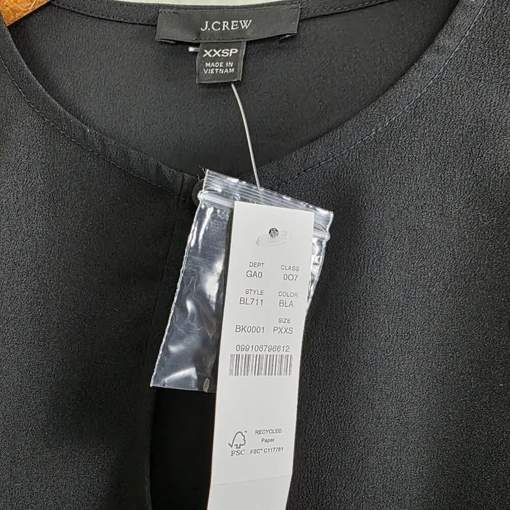 J. Crew Black Puff Sleeve Satin Back Crepe Blouse Top Size XXS Petite XXSP NWT